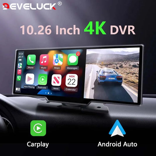 10.26" Car DVR Carplay Android Auto Dashcam 4K 3840*2160 Front and 1080P Rear Camera Voice Control GPS Wifi Recorder Dual Lens