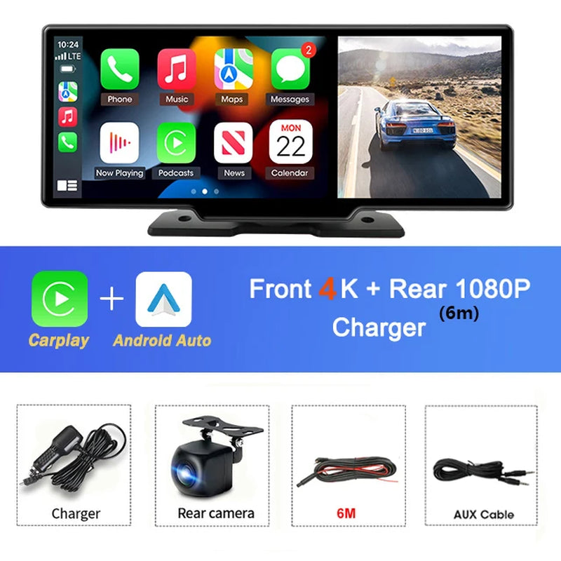 10.26" Car DVR Carplay Android Auto Dashcam 4K 3840*2160 Front and 1080P Rear Camera Voice Control GPS Wifi Recorder Dual Lens