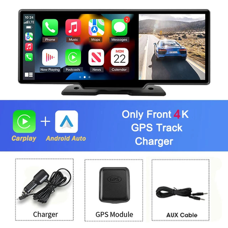 10.26" Car DVR Carplay Android Auto Dashcam 4K 3840*2160 Front and 1080P Rear Camera Voice Control GPS Wifi Recorder Dual Lens