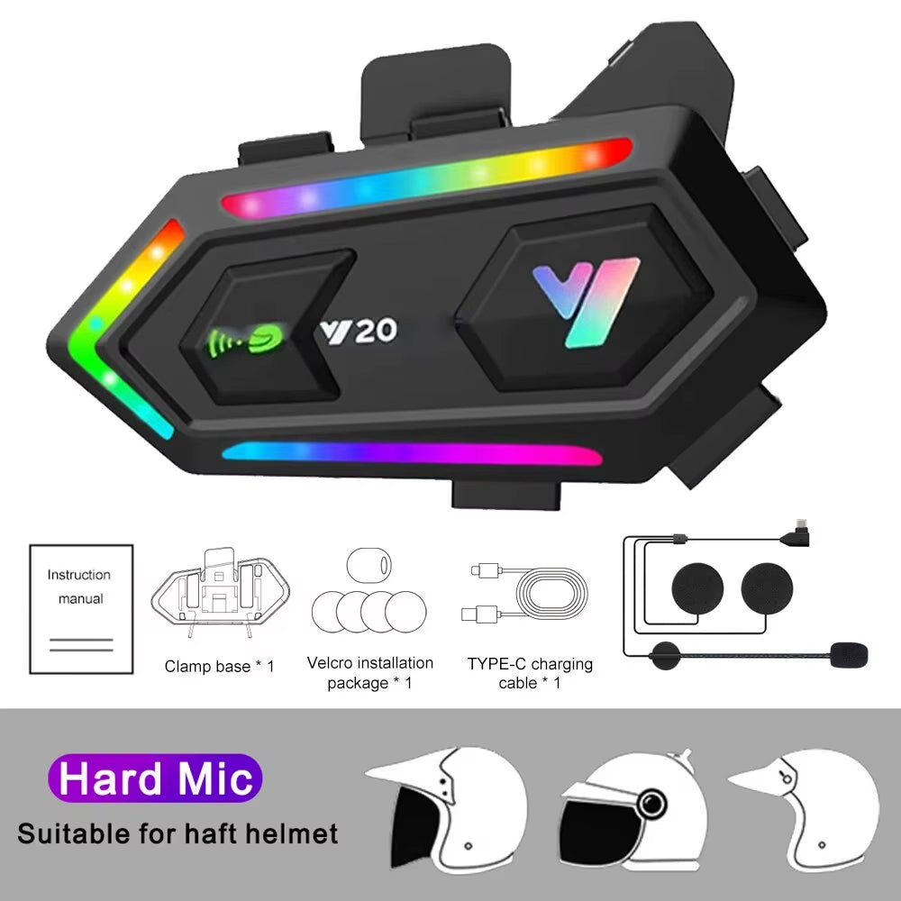 Y20 Motorcycle Bluetooth Helmet Headset V5.3 16 Kind Mode RGB Colorful Lights Earphone IPX6 Waterproof Support All Kind Helmet