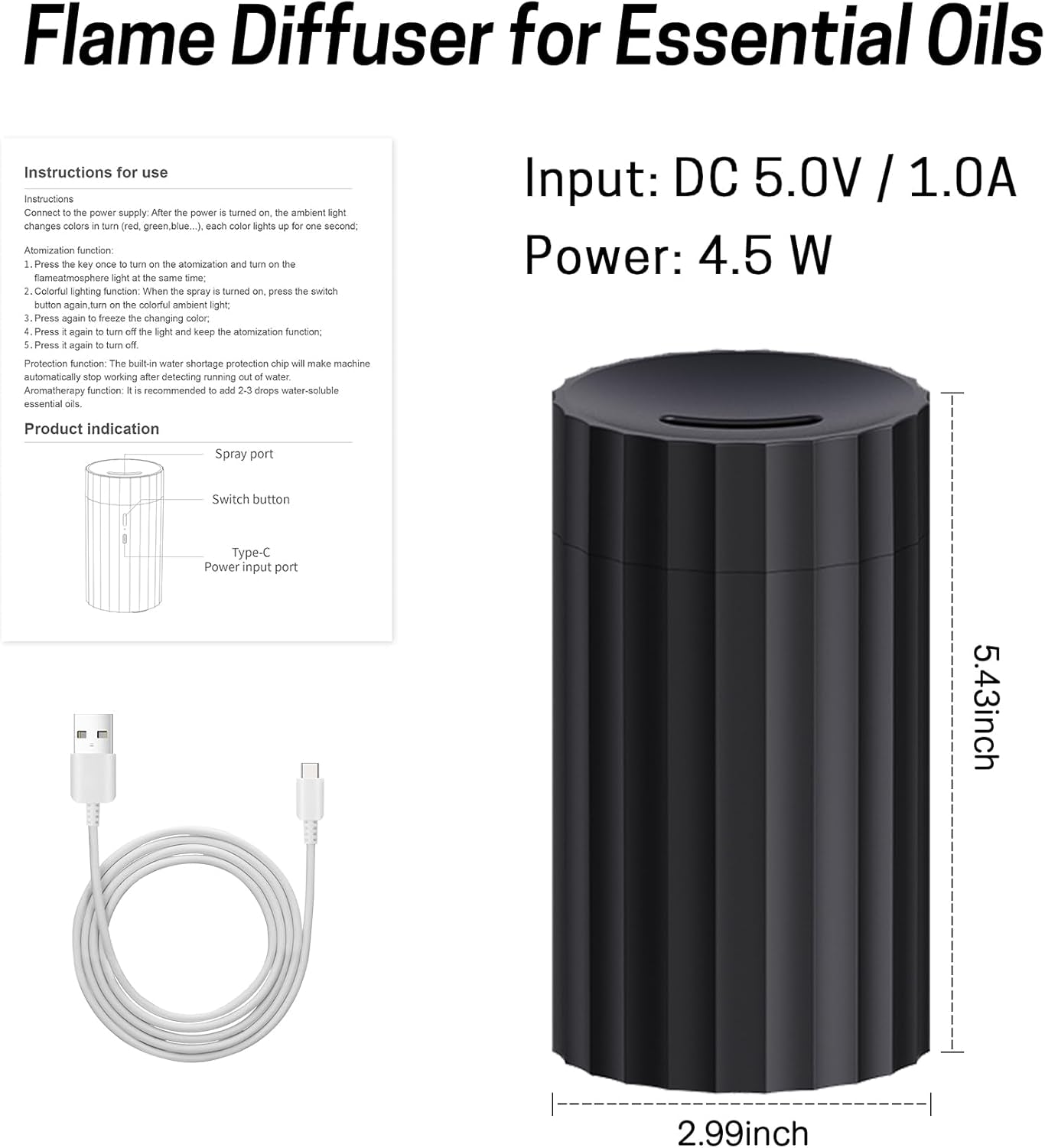 Car Diffuser, Black Car Humidifier,Flame Diffuser for Essential Oils - Mini Portable Humidifier Cool Mist,100Ml Colorful Air Aroma Diffuser,Aromatherapy Diffuser for Home Office