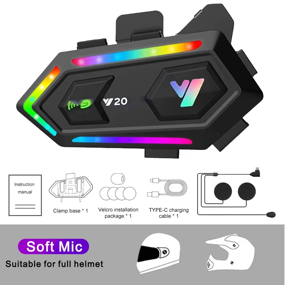 Y20 Motorcycle Bluetooth Helmet Headset V5.3 16 Kind Mode RGB Colorful Lights Earphone IPX6 Waterproof Support All Kind Helmet