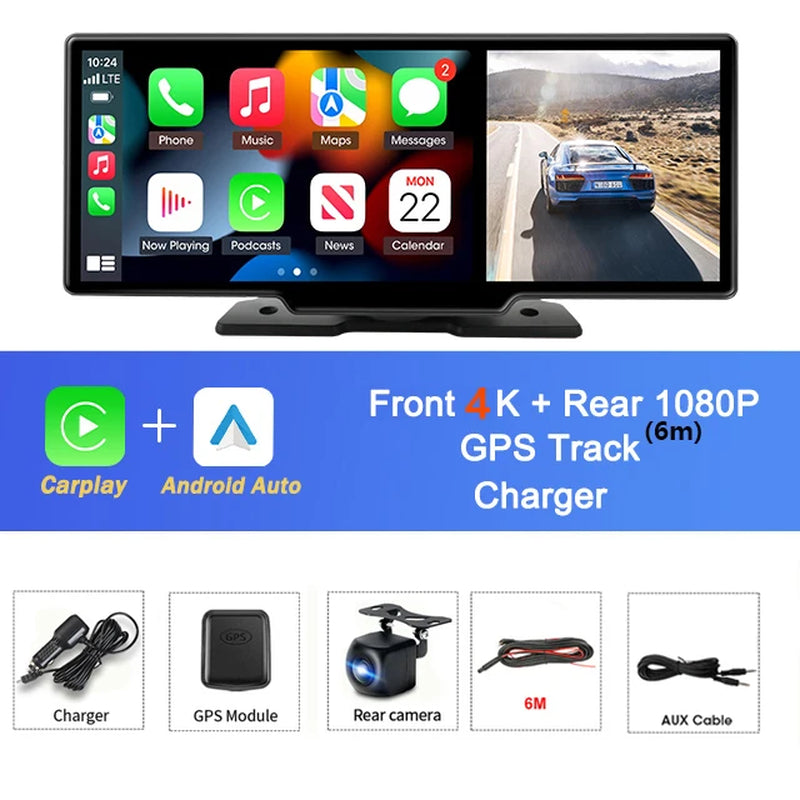 10.26" Car DVR Carplay Android Auto Dashcam 4K 3840*2160 Front and 1080P Rear Camera Voice Control GPS Wifi Recorder Dual Lens