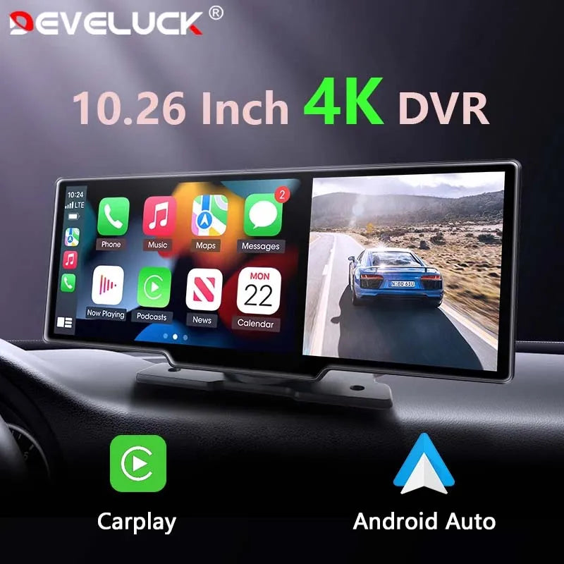 10.26" Car DVR Carplay Android Auto Dashcam 4K 3840*2160 Front and 1080P Rear Camera Voice Control GPS Wifi Recorder Dual Lens